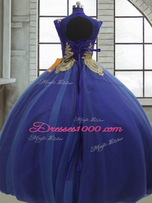 Spectacular Royal Blue Lace Up High-neck Appliques Quinceanera Gowns Tulle Sleeveless