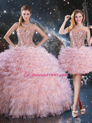 Most Popular Floor Length Lace Up 15th Birthday Dress Baby Pink for Military Ball and Sweet 16 and Quinceanera with Beading and Ruffles
