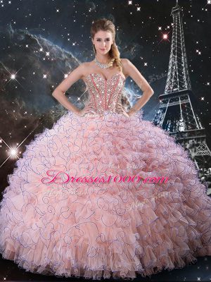 Most Popular Floor Length Lace Up 15th Birthday Dress Baby Pink for Military Ball and Sweet 16 and Quinceanera with Beading and Ruffles