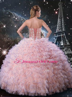 Most Popular Floor Length Lace Up 15th Birthday Dress Baby Pink for Military Ball and Sweet 16 and Quinceanera with Beading and Ruffles