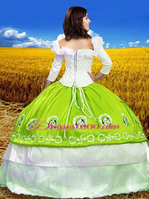 Yellow Green Ball Gowns Off The Shoulder 3 4 Length Sleeve Taffeta Floor Length Lace Up Embroidery Quinceanera Gown