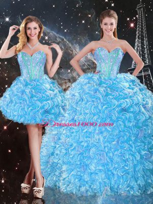 Fantastic Sleeveless Floor Length Beading and Ruffles Lace Up Sweet 16 Dress with Baby Blue