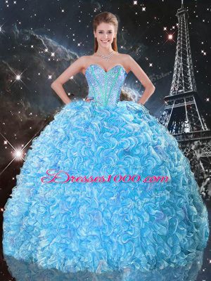 Fantastic Sleeveless Floor Length Beading and Ruffles Lace Up Sweet 16 Dress with Baby Blue