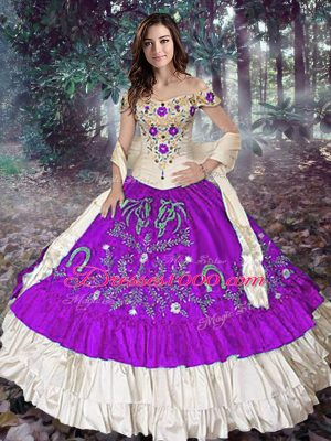 Eggplant Purple Ball Gown Prom Dress Military Ball and Sweet 16 and Quinceanera with Embroidery and Ruffled Layers Off The Shoulder Sleeveless Lace Up
