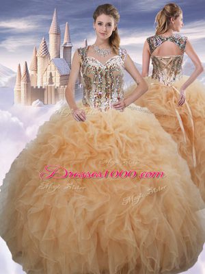 Champagne Ball Gowns Sweetheart Sleeveless Organza Floor Length Lace Up Beading and Ruffles Vestidos de Quinceanera