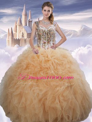 Champagne Ball Gowns Sweetheart Sleeveless Organza Floor Length Lace Up Beading and Ruffles Vestidos de Quinceanera