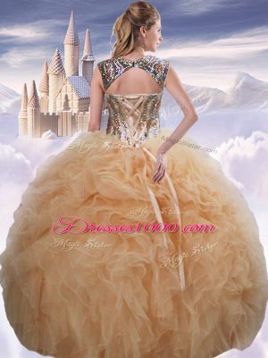 Champagne Ball Gowns Sweetheart Sleeveless Organza Floor Length Lace Up Beading and Ruffles Vestidos de Quinceanera