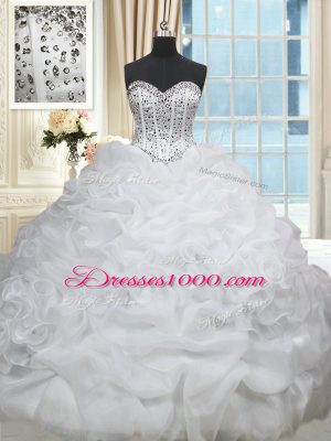Brush Train Ball Gowns Sweet 16 Dresses White Sweetheart Organza Sleeveless Lace Up