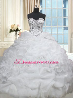 Brush Train Ball Gowns Sweet 16 Dresses White Sweetheart Organza Sleeveless Lace Up