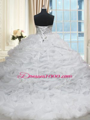 Brush Train Ball Gowns Sweet 16 Dresses White Sweetheart Organza Sleeveless Lace Up