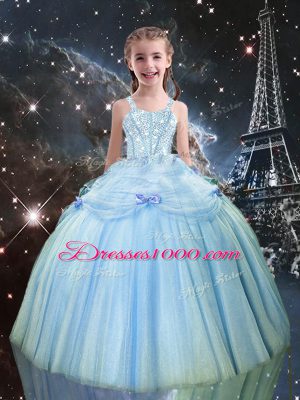 Floor Length Light Blue Pageant Gowns For Girls Straps Sleeveless Lace Up