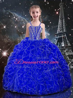 Cute Ball Gowns Little Girls Pageant Dress Royal Blue Straps Organza Sleeveless Floor Length Lace Up