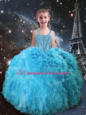 Low Price Organza Straps Sleeveless Lace Up Beading and Ruffles Little Girl Pageant Gowns in Aqua Blue