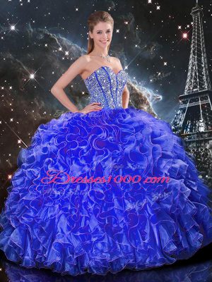 Blue Lace Up Vestidos de Quinceanera Beading and Ruffles Sleeveless Floor Length