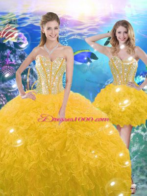 Hot Sale Gold Ball Gowns Beading and Ruffles 15th Birthday Dress Lace Up Organza Sleeveless Floor Length