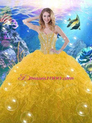 Hot Sale Gold Ball Gowns Beading and Ruffles 15th Birthday Dress Lace Up Organza Sleeveless Floor Length