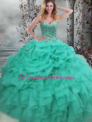 Glittering Sweetheart Sleeveless Lace Up Sweet 16 Dresses Turquoise Organza