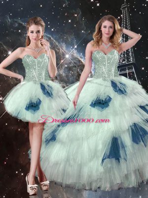 Discount Three Pieces Quinceanera Gown Blue And White Sweetheart Tulle Sleeveless Floor Length Lace Up