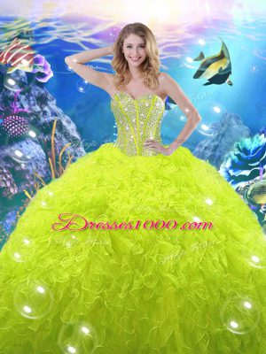 Popular Yellow Green Sleeveless Organza Lace Up Quinceanera Gown for Military Ball and Sweet 16 and Quinceanera