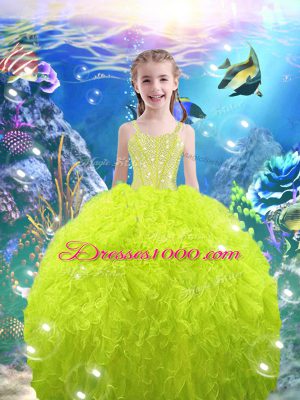Popular Yellow Green Sleeveless Organza Lace Up Quinceanera Gown for Military Ball and Sweet 16 and Quinceanera
