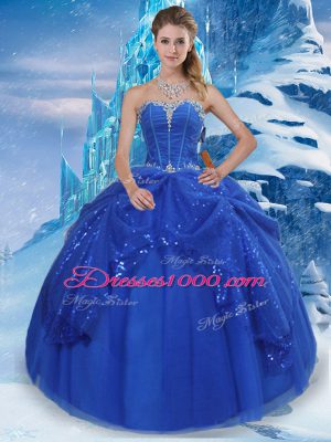 Cheap Royal Blue Ball Gowns Tulle Sweetheart Sleeveless Beading and Pick Ups Floor Length Lace Up Quinceanera Dress