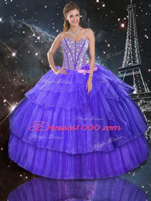 Purple Sweetheart Lace Up Ruffled Layers and Sequins Quince Ball Gowns Sleeveless