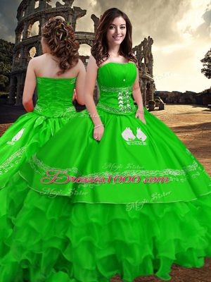 Traditional Green Strapless Zipper Embroidery and Ruffled Layers Quinceanera Dress Sleeveless