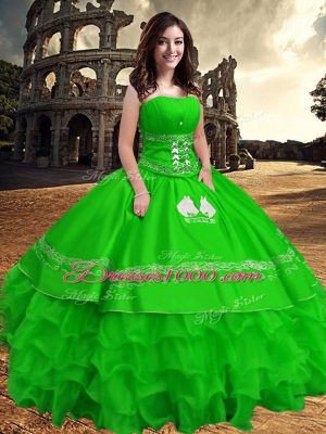 Traditional Green Strapless Zipper Embroidery and Ruffled Layers Quinceanera Dress Sleeveless