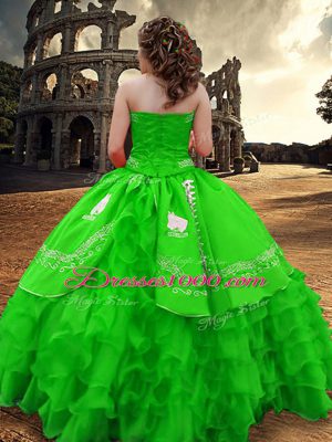 Traditional Green Strapless Zipper Embroidery and Ruffled Layers Quinceanera Dress Sleeveless