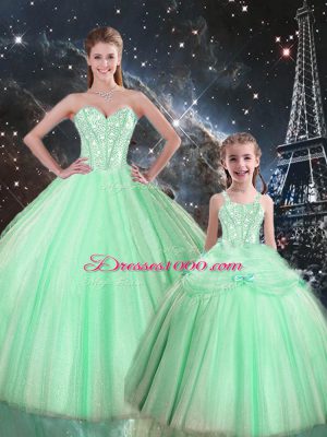 Sleeveless Tulle Floor Length Lace Up Quince Ball Gowns in Apple Green with Beading