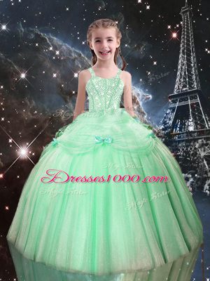 Sleeveless Tulle Floor Length Lace Up Quince Ball Gowns in Apple Green with Beading