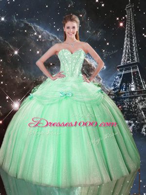Sleeveless Tulle Floor Length Lace Up Quince Ball Gowns in Apple Green with Beading