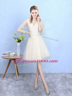 Half Sleeves Tulle Knee Length Lace Up Bridesmaids Dress in Champagne with Lace