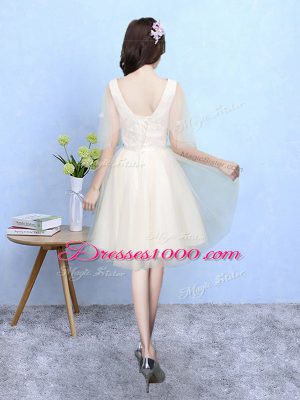 Half Sleeves Tulle Knee Length Lace Up Bridesmaids Dress in Champagne with Lace