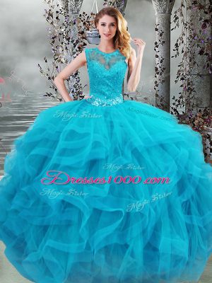 Scoop Sleeveless Lace Up Vestidos de Quinceanera Baby Blue Tulle