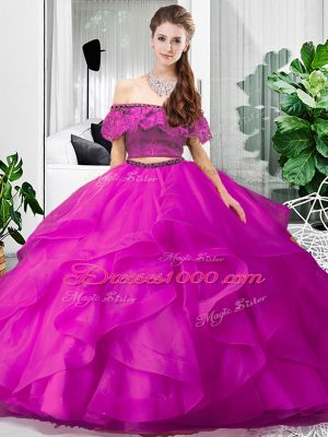Fuchsia Off The Shoulder Neckline Lace and Ruffles Quinceanera Gowns Sleeveless Lace Up