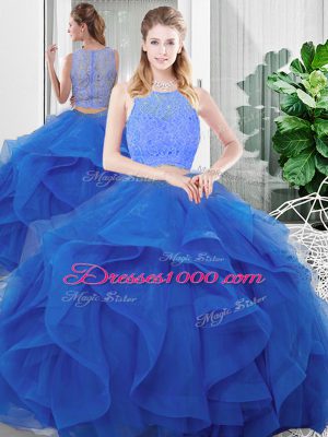 Gorgeous Blue Zipper Scoop Lace and Ruffles Quinceanera Dresses Tulle Sleeveless