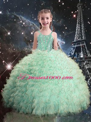 Organza Straps Sleeveless Lace Up Beading and Ruffles Little Girls Pageant Dress in Turquoise