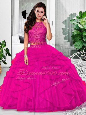 Nice Fuchsia Sleeveless Tulle Zipper Quinceanera Dress for Military Ball and Sweet 16 and Quinceanera