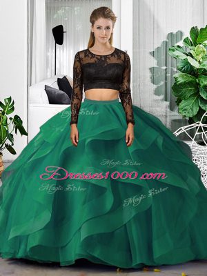 Dark Green Backless Scoop Lace and Ruffles Quince Ball Gowns Tulle Long Sleeves