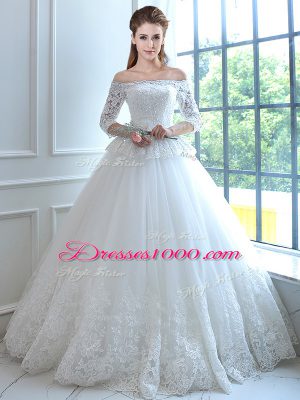 Suitable White Ball Gowns Off The Shoulder Sleeveless Tulle Floor Length Lace Up Lace and Appliques Wedding Gown