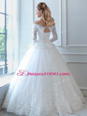 Suitable White Ball Gowns Off The Shoulder Sleeveless Tulle Floor Length Lace Up Lace and Appliques Wedding Gown