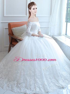 Suitable White Ball Gowns Off The Shoulder Sleeveless Tulle Floor Length Lace Up Lace and Appliques Wedding Gown