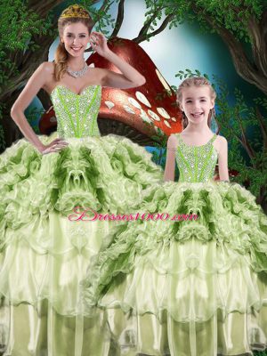 Graceful Sweetheart Sleeveless 15th Birthday Dress Floor Length Beading and Ruffles and Ruffled Layers Yellow Green Organza