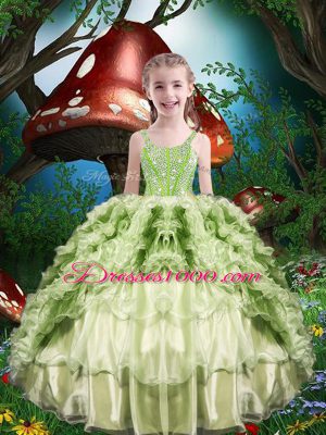 Graceful Sweetheart Sleeveless 15th Birthday Dress Floor Length Beading and Ruffles and Ruffled Layers Yellow Green Organza