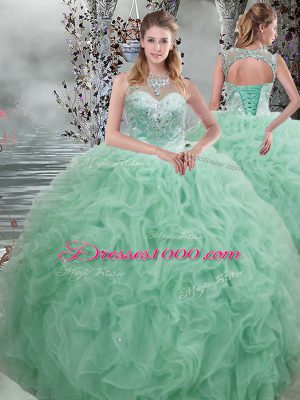 Superior Apple Green Sleeveless Beading and Ruffles Floor Length Ball Gown Prom Dress