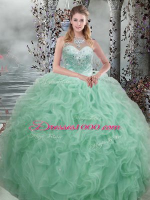 Superior Apple Green Sleeveless Beading and Ruffles Floor Length Ball Gown Prom Dress