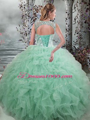 Superior Apple Green Sleeveless Beading and Ruffles Floor Length Ball Gown Prom Dress