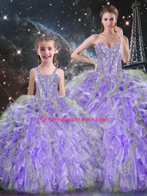 Classical Lavender Ball Gowns Sweetheart Sleeveless Organza Floor Length Lace Up Beading and Ruffles Quinceanera Dress