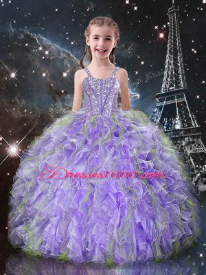 Classical Lavender Ball Gowns Sweetheart Sleeveless Organza Floor Length Lace Up Beading and Ruffles Quinceanera Dress